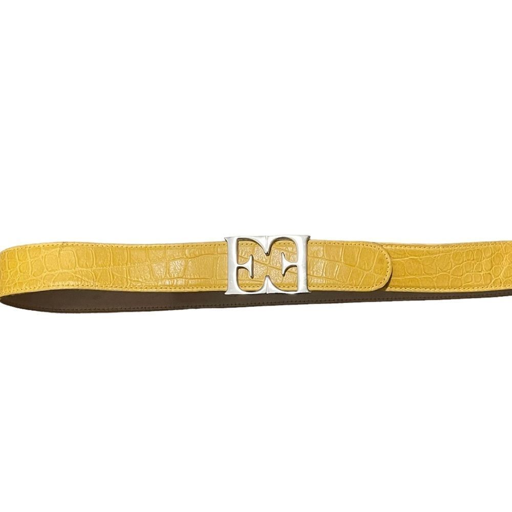 Vintage Escada Yellow Animal Crocodile Pattern Print Leather Belt 40 S